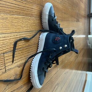 Converse mid rise sneaker line new navy with orange stitching